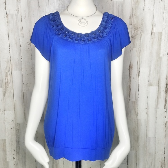 Elle Tops Elle Royal Blue Rose Embellished Blouse Poshmark